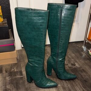 Fashion Nova Dark Green Croc-Embossed Heeled Boots